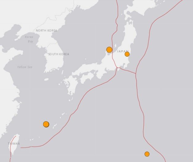 19일 미국 지질조사국(USGS)이 제공한 일본 지진 발생 지역. 이날 하루동안 총 5곳에서 규모 4.5~5.5 지진이 발생했다. (USGS 화면 갈무리) 2022.06.19 © 뉴스1