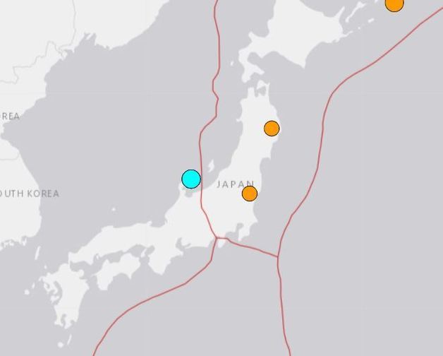일본 이시카와현에서 규모 5 지진이 발생했다. 푸른 색으로 표시된 부분이 이시카와현이다. 출처=미국지질조사국