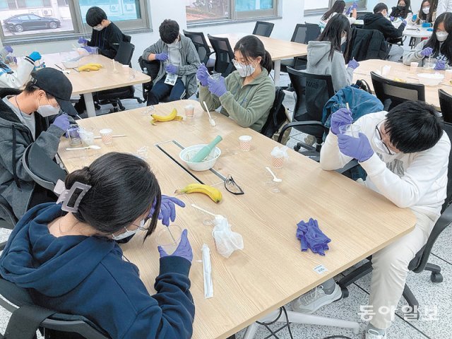 지난해 11월 대한민국 청소년 바이오아카데미에 참석한 학생들이 인하대 실험실습실에서 ‘과일에도 DNA가 있다’를 주제로 DNA 추출 실험을 하고 있다. 동아일보DB