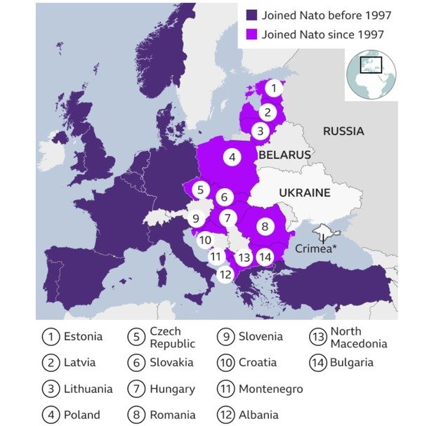 발트 3국은 옛 소련 영토였지만 이제는 모두 나토 회원국이다. 사진은 영국 공영방송 BBC가 시각화한 1997년 이후 나토의 동진 현황. BBC 온라인 보도화면 갈무리. © News1