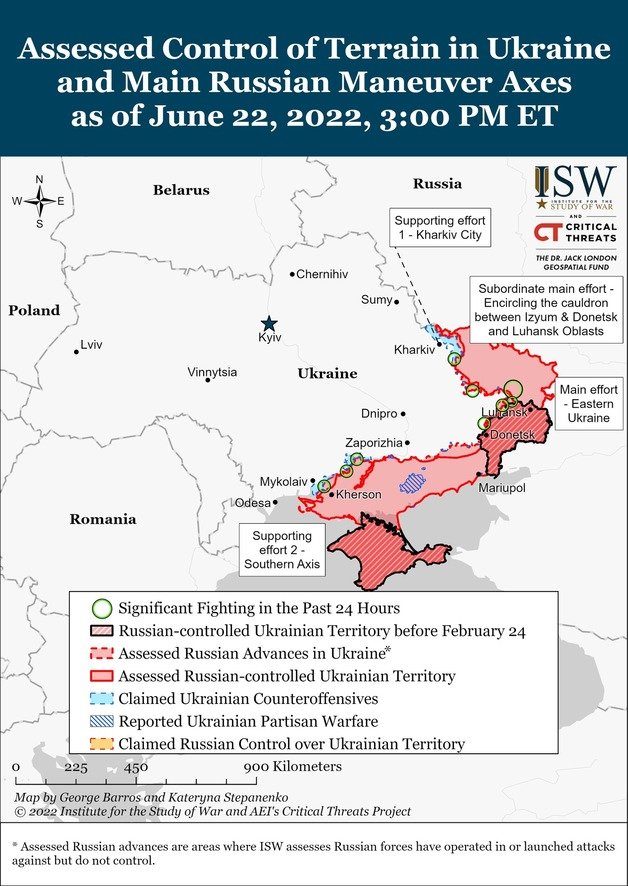 2022년 6월 22일(현지시간) 기준 우크라이나 전황. 미 전쟁연구소(ISW) 홈페이지 갈무리.© 뉴스1