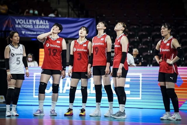 비디오 판독 결과를 기다리고 있는 한국 여자 배구 대표팀. 국제배구연맹(FIVB) 제공