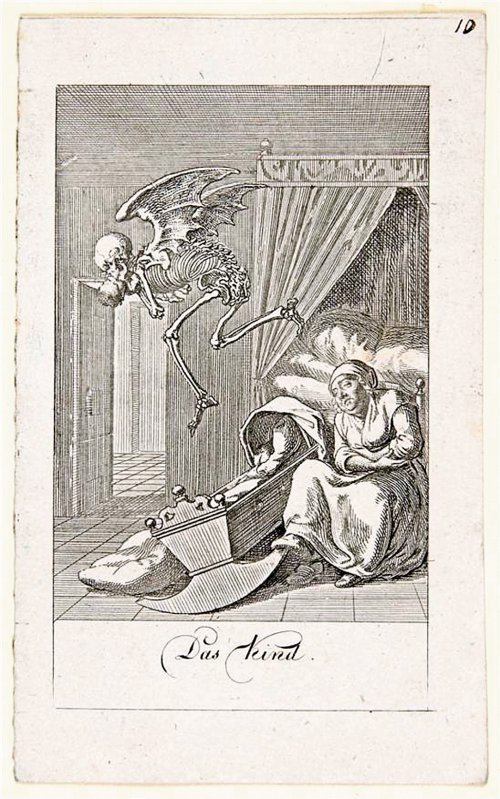 보호자가 졸고 있는 틈을 타 해골 모양의 사신이 아이를 빼앗아가는 장면을 그린 다니엘 호도비에츠키의 동판화(1780년). 사진 출처 프린스턴대 미술관