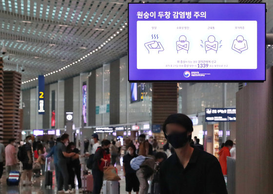 29일 인천국제공항 제2터미널 출국장에 원숭이두창 감염병 주의 안내 화면이 나오고 있다. 2022.6.29/뉴스1