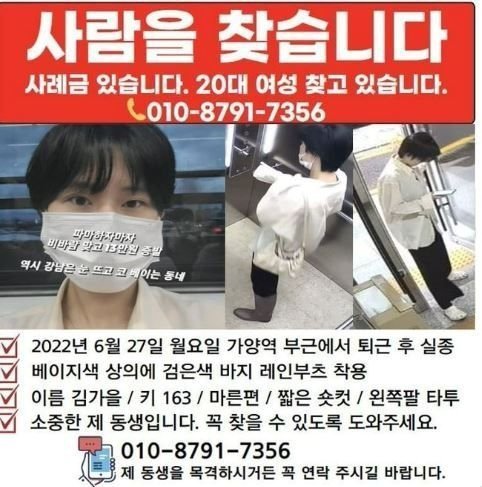김가을씨 실종 전단. (온라인 커뮤니티 갈무리) ⓒ 뉴스1