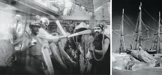 1897년 10월 6일 적도 인근을 지나던 벨지카호에서 기념 촬영을 하고 있는 선원들의 모습. 같은 해 8월 벨기에에서 출항한 벨지카호는 1898년 2월 남극 대륙과 인접한 벨링스하우젠해에 진입했다(왼쪽 사진). 겹겹으로 둘러싸인 남극해의 해빙에 갇힌 벨지카호. 벨지카호는 1898년 3월 남극해에 정박한 지 1년여 만인 1899년 2월 12일, 얼음이 부서진 뒤에야 남극해를 탈출할 수 있었다. 당시 부선장은 항해 일지에 ‘우리의 모든 생각, 모든 영혼이 탈출을 갈망한다’는 기록을 남겼다. 노르웨이 팔로박물관·글항아리 제공