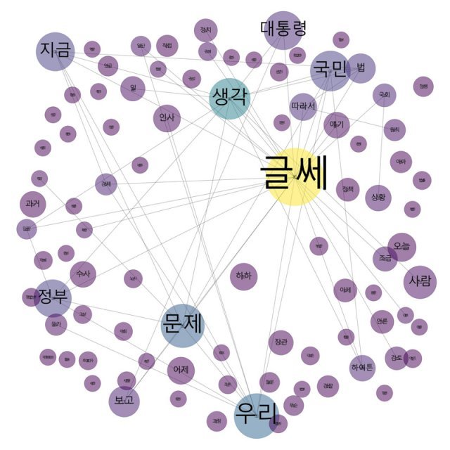 도어스테핑 발언 가운데 연관성 높은 단어 쌍을 찾아 연결한 네트워크 그래픽.