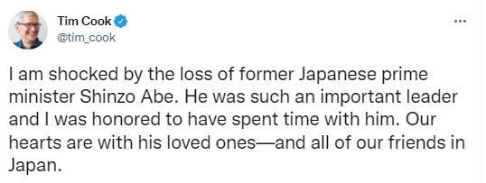 팀 쿡 애플 CEO, 아베 신조 전 일본 총리 추모 성명 발표(팀 쿡 트위터 갈무리)© 뉴스1