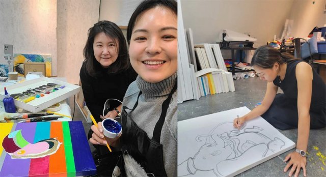 골프 스타 전인지(왼쪽 사진 오른쪽)가 박선미 작가와 그림 작업을 하고 있다. 사진 출처 전인지 인스타그램