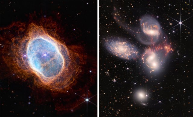 제임스 웹 우주망원경이 관측한 남쪽고리 성운(왼쪽 사진)과 스테팡 5중 은하의 이미지. 제임스 웹 우주망원경은 이 밖에 용골자리 대성운과 외계행성 WASP-96b도 관측했다. NASA 홈페이지
