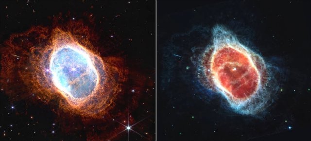 제임스 웹 우주 망원경이 찍은 NGC 3132의 사진. 왼쪽은 근적외선, 오른쪽은 중적외선 카메라로 각각 찍었다. 출처 = NASA