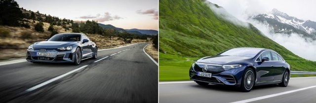 독일 아우디의 e-트론 GT(왼쪽)와 메르세데스-벤츠의 EQS. 아이오닉5는 이 차들을 제치고 ‘2022 월드카 어워즈’에서 올해의 전기차로 선정됐다. 아우디·메르세데스벤츠코리아 제공