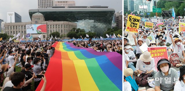 16일 오후 서울 중구 서울광장에서 제23회 서울퀴어문화축제가 열린 가운데 성소수자를 상징하는 대형 무지개 천이 펼쳐지고 
있다(왼쪽 사진). 같은 날 오후 서울광장 건너편 서울시의회 앞에서는 기독교·보수 단체의 퀴어축제 반대 집회가 열렸다. 김동주 
기자 zoo@donga.com