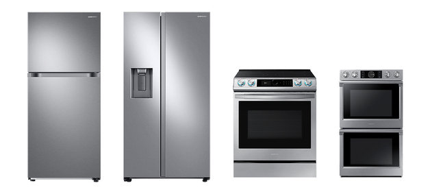 왼쪽부터 JD파워 평가 각 부문 1위를 차지한 상냉동·하냉장 냉장고, 양문형 냉장고, 레인지, 빌트인 오븐 제품. 삼성전자 제공
