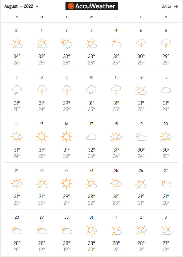 기상청이 발표한 7월 말까지의 중기예보(위)와 해외 기상업체 ‘Accuweather’가 발표한 8월 예보. 극심한 무더위까지는 가지 않을 것으로 예상됩니다. 기상청, Accuweather