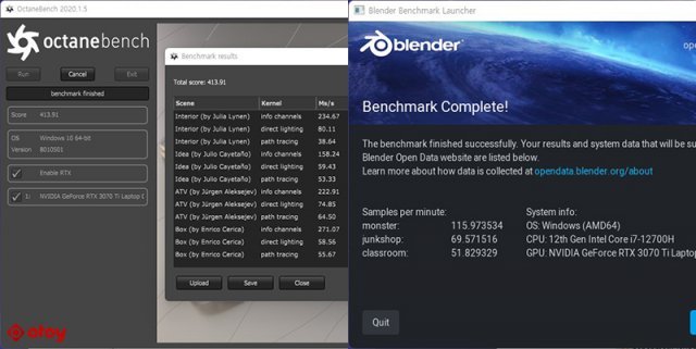 옥탄벤치(좌) 결과는 413.91점, 블렌더 3.1(우) 결과는 237.36점이다. 출처=IT동아