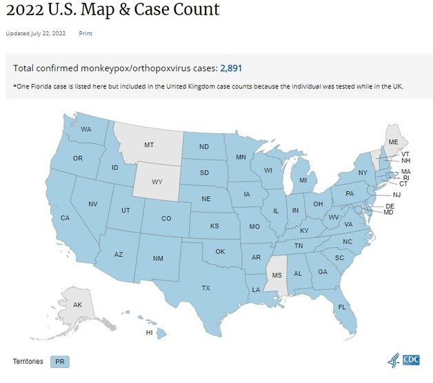 22일(현지시간) 미 질병통제예방센터(CDC)가 집계한 주(州)별 원숭이두창 확산 추이. 확진자 수는 뉴욕주(900명)와 캘리포니아주(356명) 순으로 많았다. © 뉴스1