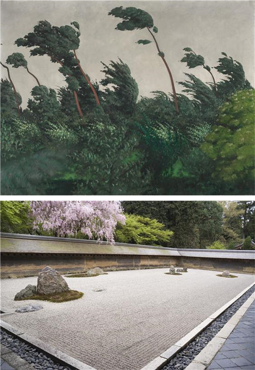 스위스계 프랑스 화가 펠릭스 발로통의 1910년 작품 ‘바람’(위 사진)과 일본 교토 료안지의 가레산스이(마른 정원) 모습. 워싱턴 국립미술관 홈페이지·위키피디아