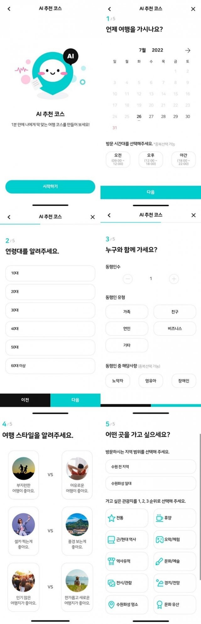 AI가 여행 일정을 추천하기 위해 다섯 가지 질문을 하는 모습. 출처=IT동아