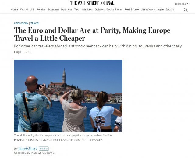 미 월스트리트저널(WSJ)은 14일 유로·달러의 1대1 패리티(1유로=1달러)로 미국 여행자가 저렴하게 유럽을 여행할 수 있게 됐다고 보도했다. WSJ 홈페이지 캡처