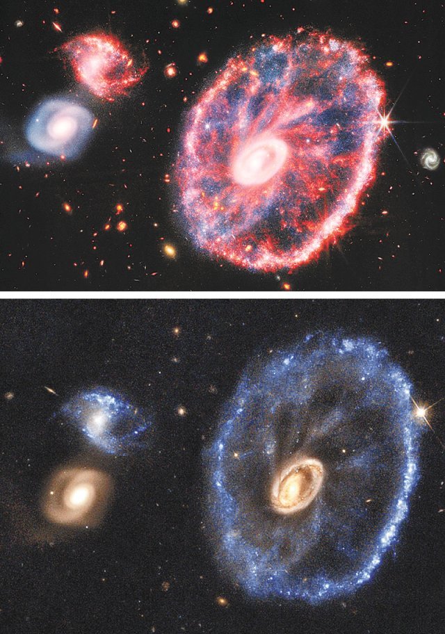 2일 제임스웹 우주망원경(JWST)은 수레바퀴 은하의 전체적인 형태(위쪽 사진)는 물론 내부 구조까지 포착해냈다. 이는 2018년 
허블 우주망원경이 찍었을 때(아래 사진) 우주먼지에 가려 잘 보이지 않았던 구조다. 미국항공우주국 제공