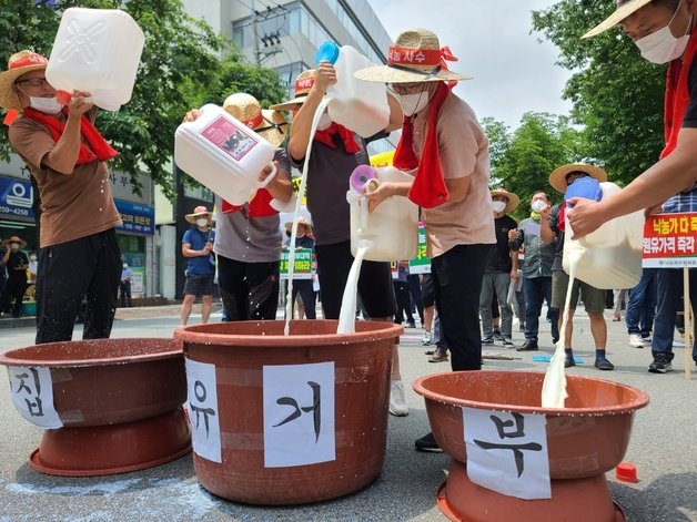 ㈔한국낙농육우협회 충북지회가 7월19일 충북도청 정문 앞에서 원유 용도별 차등 가격제 폐지를 요구하는 집회를 한 뒤 집유 거부 퍼포먼스를 하고 있다.2022.7.19/ⓒ 뉴스1