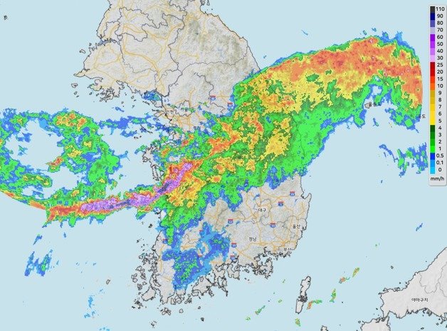 11일 오전 7시45분 기준 초단기 강수 예측(기상청 제공) ⓒ 뉴스1