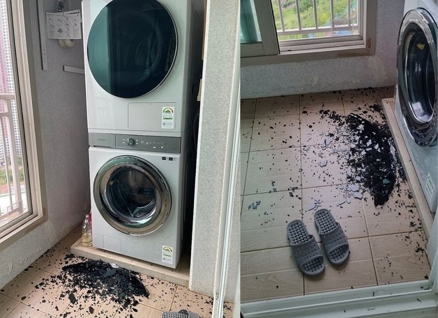 지난 11일 한 가정집 다용도실에서 폭발한 삼성 세탁기. (온라인 커뮤니티 갈무리) ⓒ 뉴스1