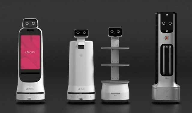 LG 클로이 로봇. 왼쪽부터 가이드봇, 서브봇(서랍형/선반형), UV-C봇