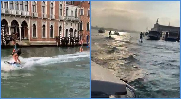 18일(현지시간) 이탈리아 베네치아 운하에서 서핑 보드를 타고 질주를 즐긴 ‘황당한’ 관광객 2명이 경찰에 붙잡혔다.  트위터 갈무리
