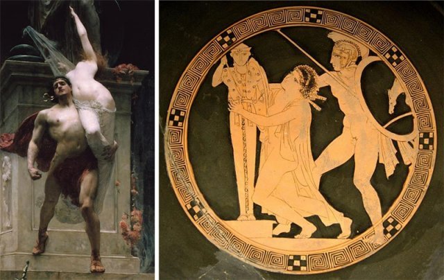 솔로몬 조지프 솔로몬이 1886년 그린 ‘아이아스와 카산드라’. 오일레우스의 아들 아이아스가 트로이아를 함락한 뒤 아테네 신전에서
 카산드라를 강제로 끌어내고 있다(왼쪽 사진). 아폴론 신의 예언녀인 카산드라는 아가멤논의 첩으로 끌려간 뒤 비극적 앞날을 
내다보고 최후의 춤을 춘다. 기원전 5세기 토기에 그려진 카산드라(오른쪽 사진 왼쪽)와 아이아스. 사진 출처 위키피디아·위키미디어
