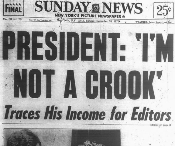 리처드 닉슨 대통령의 기자회견 발언 “I’m not a crook”(나는 사기꾼이 아니다)을 대서특필한 미국 신문. 뉴욕데일리뉴스 캡처