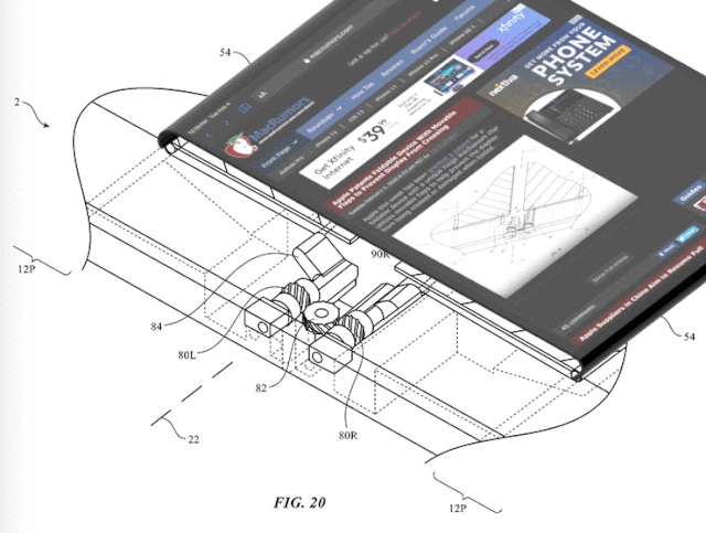 애플이 2020년 미국 특허청에 등록한 힌지 기술. 이는 화면을 접을 때 발생하는 주름을 방지하기 위해 움직이는 덮개를 활용했다. 화면이 접힐 때 곡선 부분(곡률)을 넓게 만들어 주름을 막는다. 맥루머스