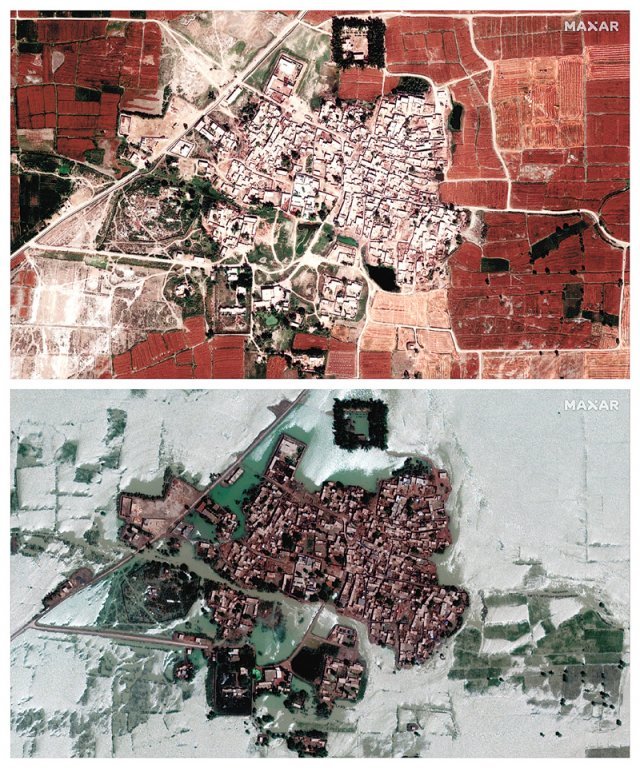 홍수가 오기 전 파키스탄 펀자브주 라잔푸르 마을과 밭의 원래 모습을 찍은 24일 항공 사진(위 사진)과 홍수가 덮친 뒤 찍은 28일 사진. 붉은색 흙과 초록색 곡물들이 모두 물에 잠겼다. 라잔푸르=AP 뉴시스