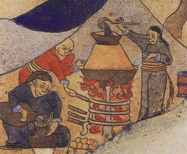 몽골인들의 증류주 제조 모습을 담은 몽골 화가 샤라브의 ‘몽골의 하루’(1910년). 소주의 기원은 몽골로 추정된다. 몽골의 증류 기술이 정복 활동을 통해 널리 퍼지며 소주가 널리 사랑받게 되는 계기를 만들었다. 주영하 한국학중앙연구원 교수 제공