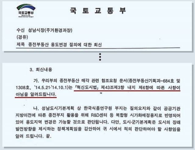 국토교통부가 경기 성남시 백현동 용도변경 협조 요청과 관련해 2014년 12월 성남시에 보낸 공문. 회신 내용 ‘가’에 협조 요청이 강제성이 있는 ‘혁신도시법’에 따른 사항이 아님이 적혀 있다. 국민의힘 박정하 의원실 제공