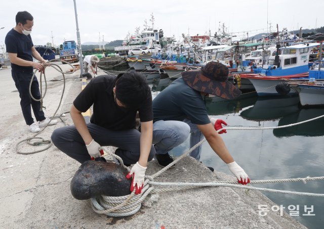 전남 여수 국동항에서 어민들이 대피한 선박들의 파손을 막기위해 밧줄을 결박하고 있다. 여수=박영철 기자 skyblue@donga.com