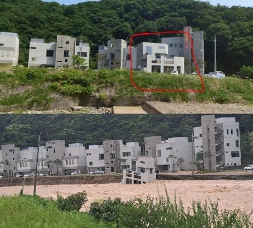 경북 포항시 남구 오천읍 항사리의 한 풀빌라가 폭우로 인해 지반이 약해져 내려앉은 모습. (온라인 커뮤니티 갈무리)