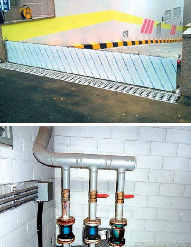 서울 서초구의 한 건물 지하주차장 입구에 설치된 차수판(위 사진)과 경기 의정부시의 한 아파트 지하주차장에 설치된 배수펌프. 독자 제공