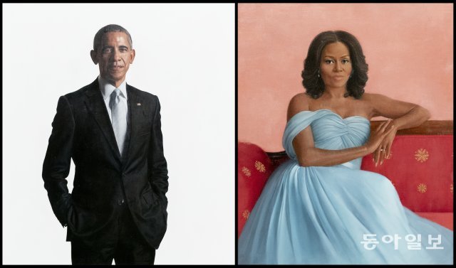 예술가 로버트 맥커디가 그린 버락 오바마 전 대통령과 샤론 스프렁이 그린 전 영부인 미셸 오바마의 공식 백악관 초상화. AP 뉴시스