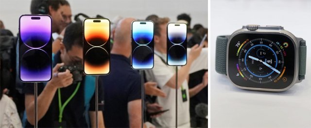 7일(현지 시간) 애플이 새로 선보인 스마트폰 아이폰14 시리즈. 고급형인 프로, 프로맥스 모델은 딥 퍼플, 실버, 골드, 스페이스 블랙 등 4개 색상으로 출시됐다. 또 기존 화면 상단의 M자 형태 ‘노치’가 알약 모양의 펀치홀 형태로 바뀌었다. 애플은 이날 애플워치8 시리즈(오른쪽 사진)와 보급형 애플워치SE도 공개했다. AP 뉴시스
