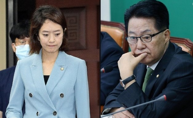 고민정 더불어민주당 최고위원(왼쪽)과 박지원 전 국정원장 ⓒ 뉴스1 DB