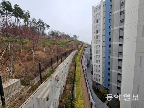 경기 성남시 백현동에 위치한 아파트 단지에 50m가 넘는 옹벽이 설치돼 있다. 김재명 기자 base@donga.com