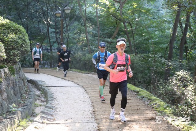 24일 오전 서울 청와대 앞 분수광장 출발한 서울 트레일 온런참가자들이 북악산길을 달리고 있다.  김동주 기자 zoo@donga.com