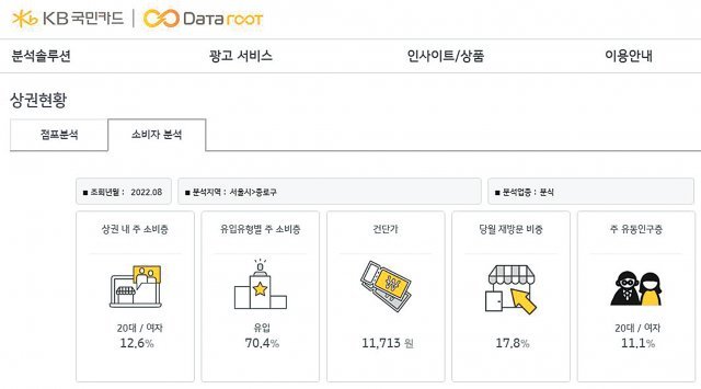 빅데이터 플랫폼 ‘데이터루트’를 활용해 분석한 서울 종로구 상권 요약. KB국민카드 제공