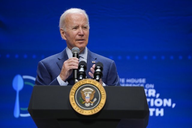 조 바이든 미국 대통령이 28일(현지시간) 워싱턴 로널드 레이건 빌딩에서 열린 ‘기아·영양·보건‘ 관련 백악관 회의에 참석해 연설하고 있다. AP/뉴시스
