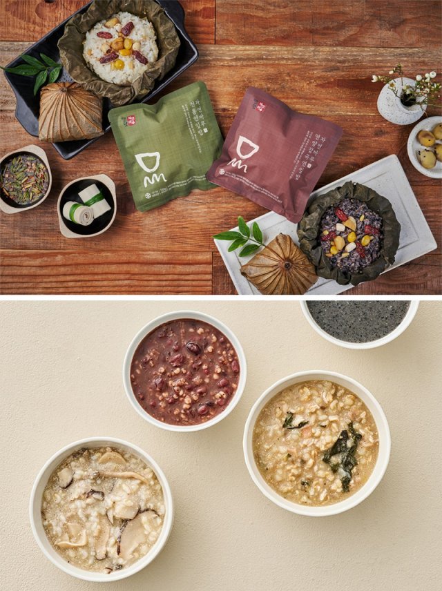 CJ온스타일은 대안 스님과 협업한 연잎밥(위 사진)을, 오뚜기는 수수팥범벅을 비롯한 사찰음식 간편식을 선보였다. 각 사 제공