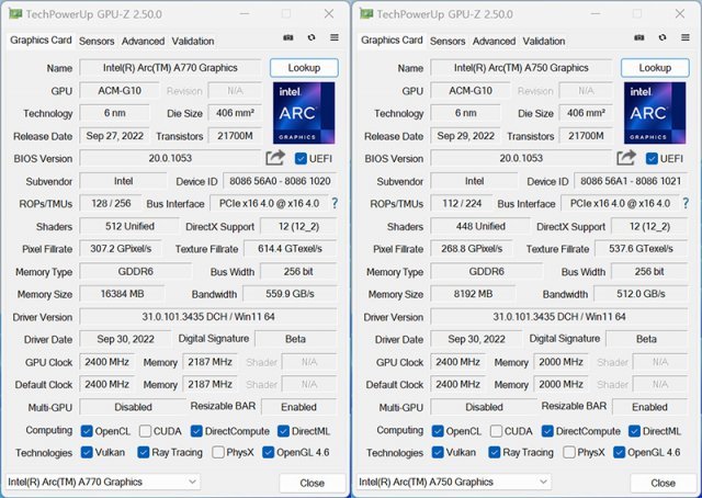 GPU-Z를 통해 확인한 인텔 아크 A770(좌)와 A750(우) 결과. 출처=IT동아