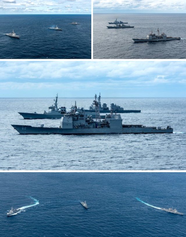 한·미·일 해군이 6일 동해 상에서 잠수함을 탐색, 추적하는 연합훈련을 5년 만에 실시하고 있다. 일본 방위성 트위터