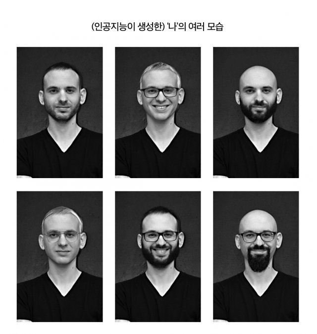 저자가 머리 스타일, 안경, 턱수염 등 얼굴의 변화를 준 뒤 유능해 보이는지 여부를 설문조사한 결과, 턱수염을 기른 채 안경을 쓴 아래쪽 가운데 사진이 가장 높은 점수를 받았다. 저자는 가장 유능해 보이는 외모마저도 데이터를 통해 예측 가능하다고 주장한다. 더퀘스트 제공